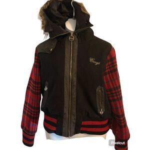 Large Vintage #Coogi Hooded Jacket Plaid Red Black Hood Fur Trim Winter Warm Woo